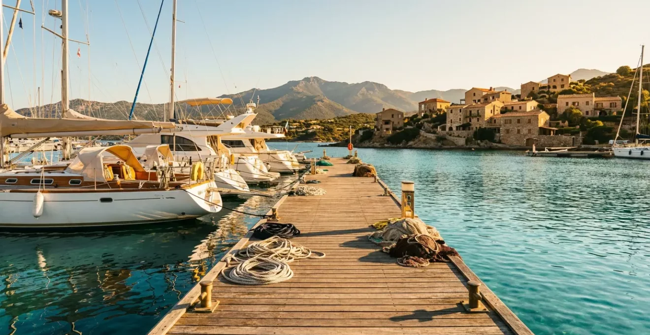 Vue d'un port de plaisance corse avec bateaux et matériel d'accastillage