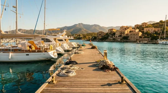 Vue d'un port de plaisance corse avec bateaux et matériel d'accastillage