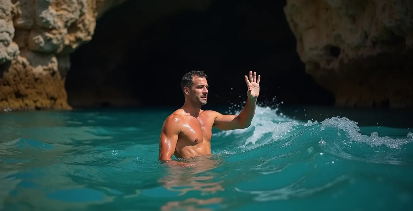 Nageur observant le mouvement des vagues à l'entrée d'une grotte marine en Corse