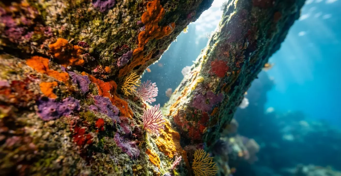 Arche rocheuse sous-marine avec rayons de soleil créant un halo lumineux traversant l'ouverture
