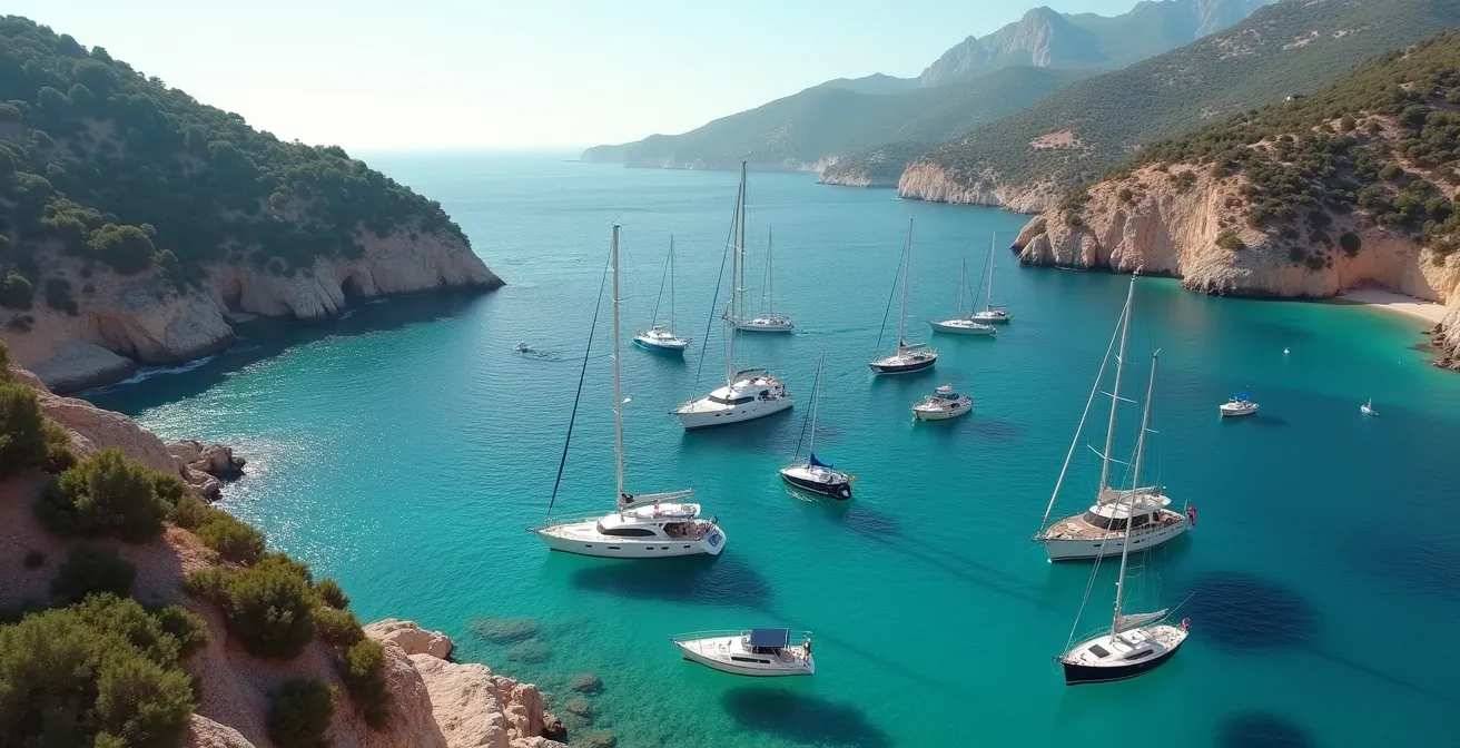 Vue aérienne de la baie protégée de Porto-Vecchio avec bateaux au mouillage par vent d'ouest