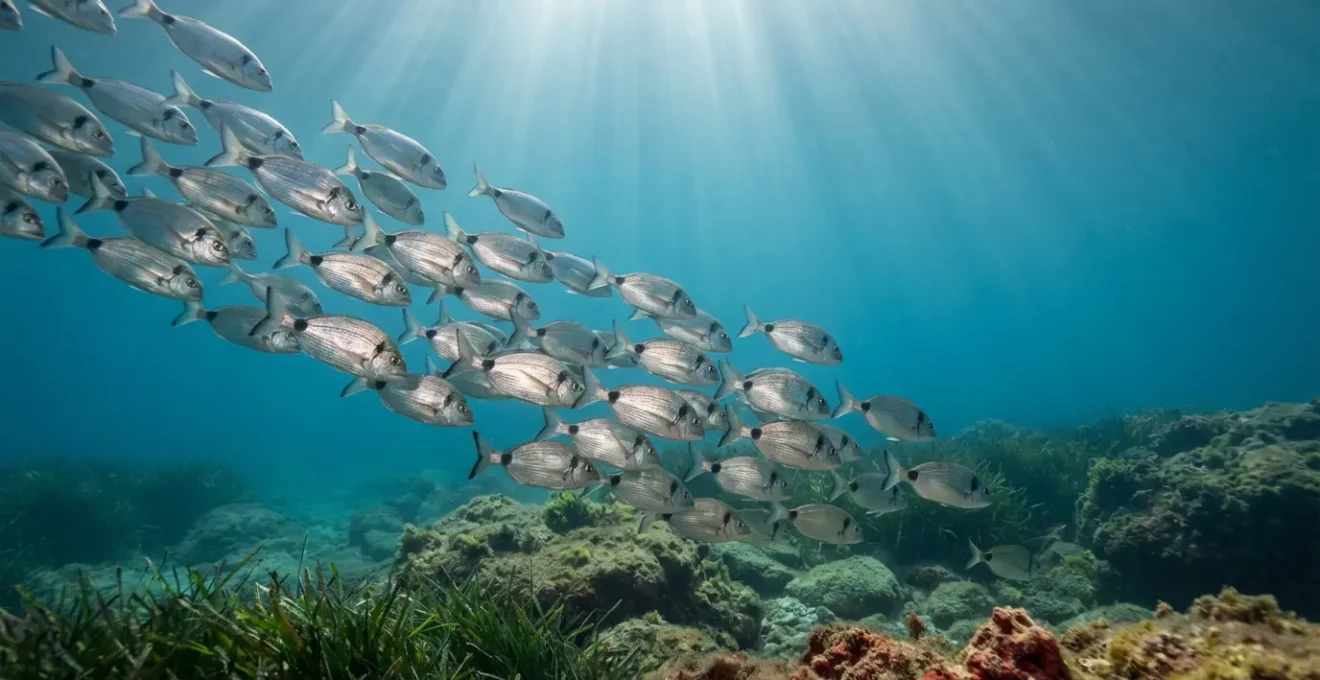 Banc de sars en Corse observés en snorkeling près des rochers sous-marins