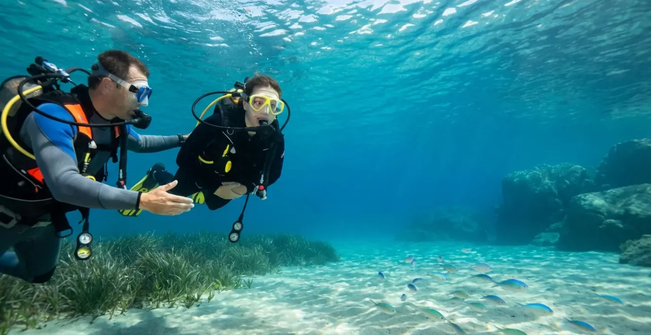 Plongeur débutant découvrant les fonds marins corses avec son moniteur dans une eau cristalline