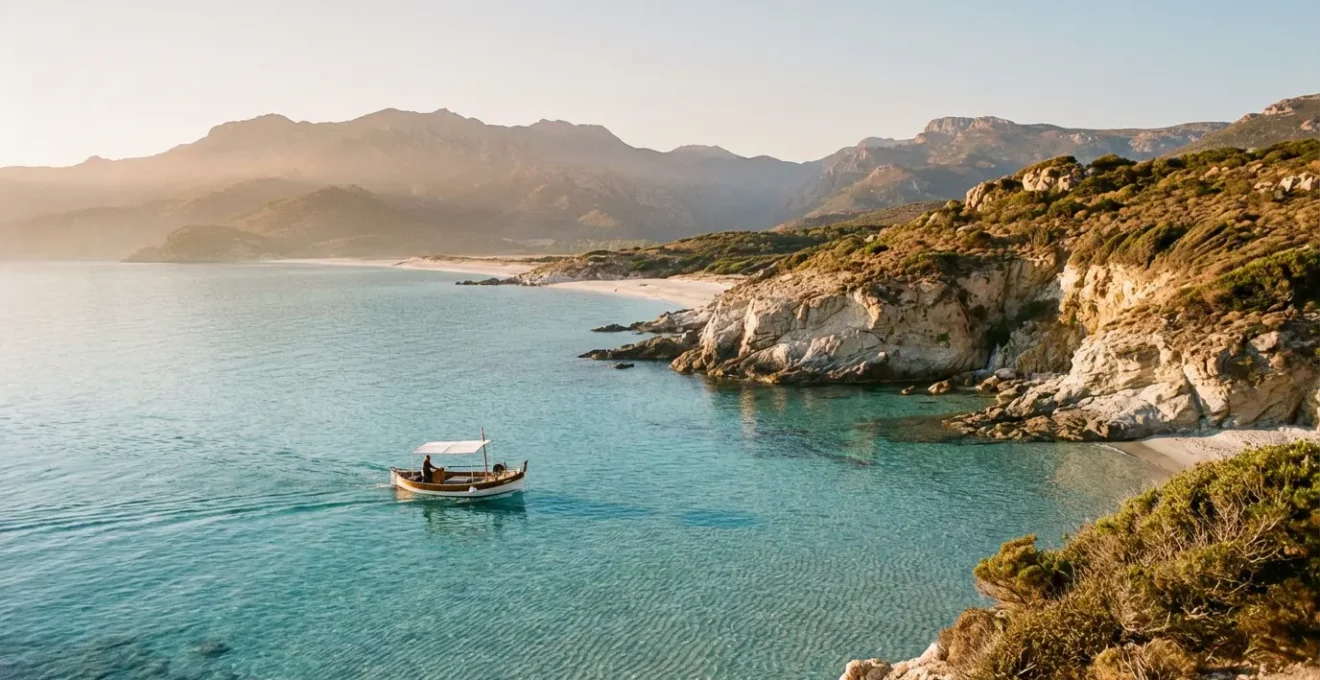 Bateau naviguant vers les plages sauvages des Agriates avec vue sur le maquis et les montagnes du Cap Corse