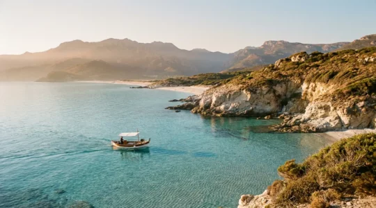 Bateau naviguant vers les plages sauvages des Agriates avec vue sur le maquis et les montagnes du Cap Corse