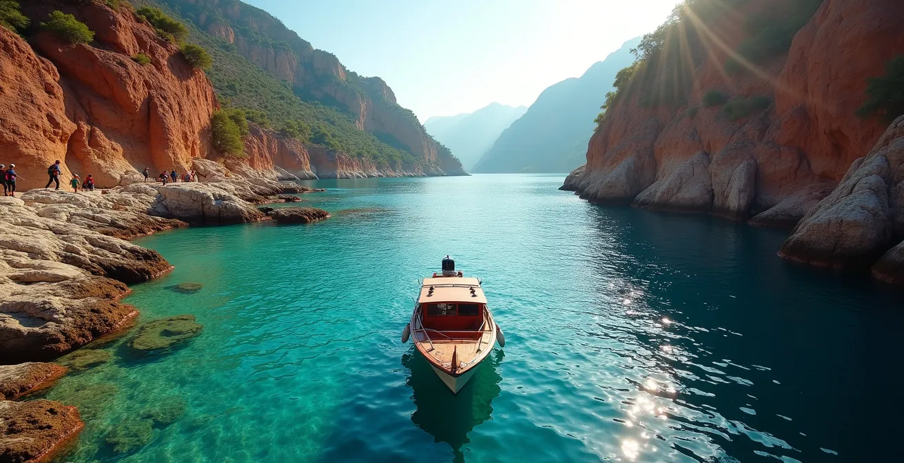 Petit bateau navette approchant une crique sauvage corse avec randonneurs attendant