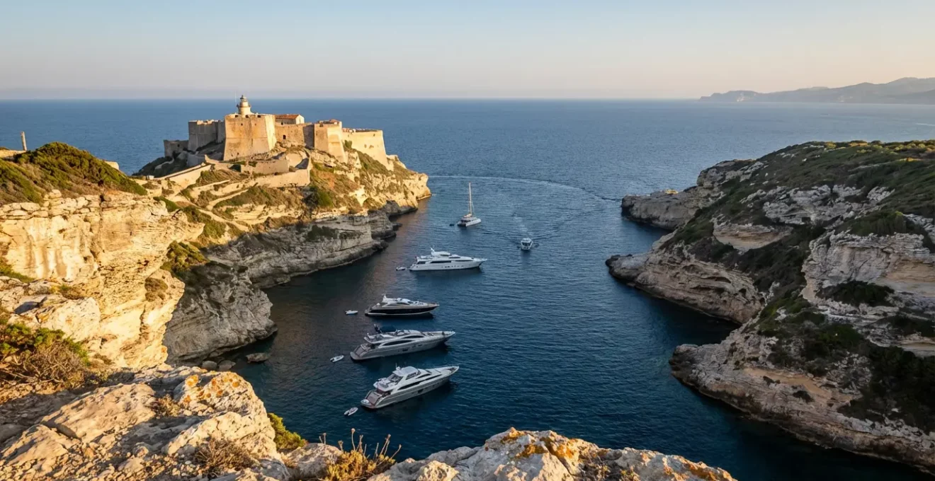 Vue panoramique du port de Bonifacio avec des yachts de luxe franchissant le goulet étroit au coucher du soleil, falaises calcaires illuminées