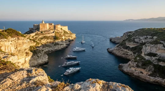 Vue panoramique du port de Bonifacio avec des yachts de luxe franchissant le goulet étroit au coucher du soleil, falaises calcaires illuminées