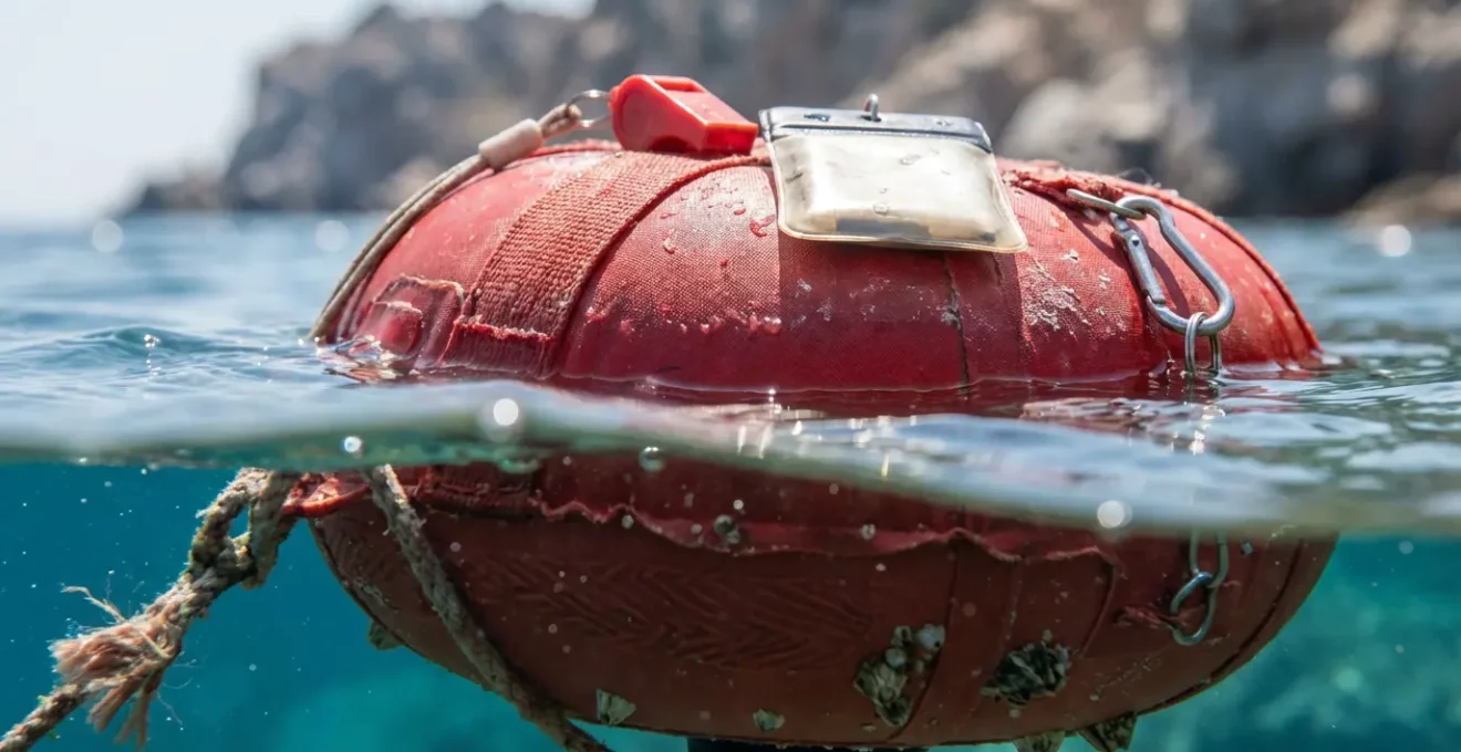 Bouée de signalisation rouge flottant en mer avec accessoires de sécurité attachés, vue depuis la surface