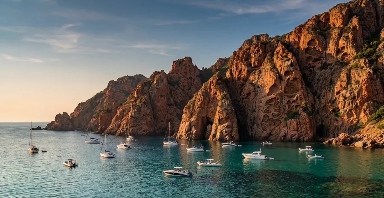Vue panoramique des Calanques de Piana depuis la mer avec plusieurs bateaux dispersés au coucher de soleil