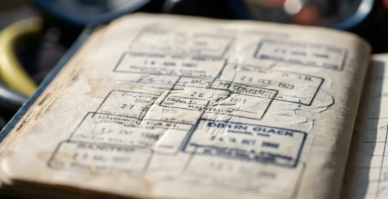 Gros plan macro sur un carnet de plongée avec tampons et annotations détaillées