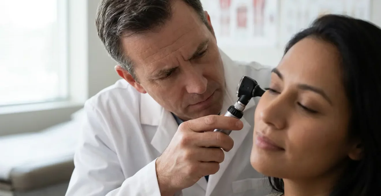 Médecin examinant les oreilles d'un patient pour un certificat de plongée dans un cabinet médical