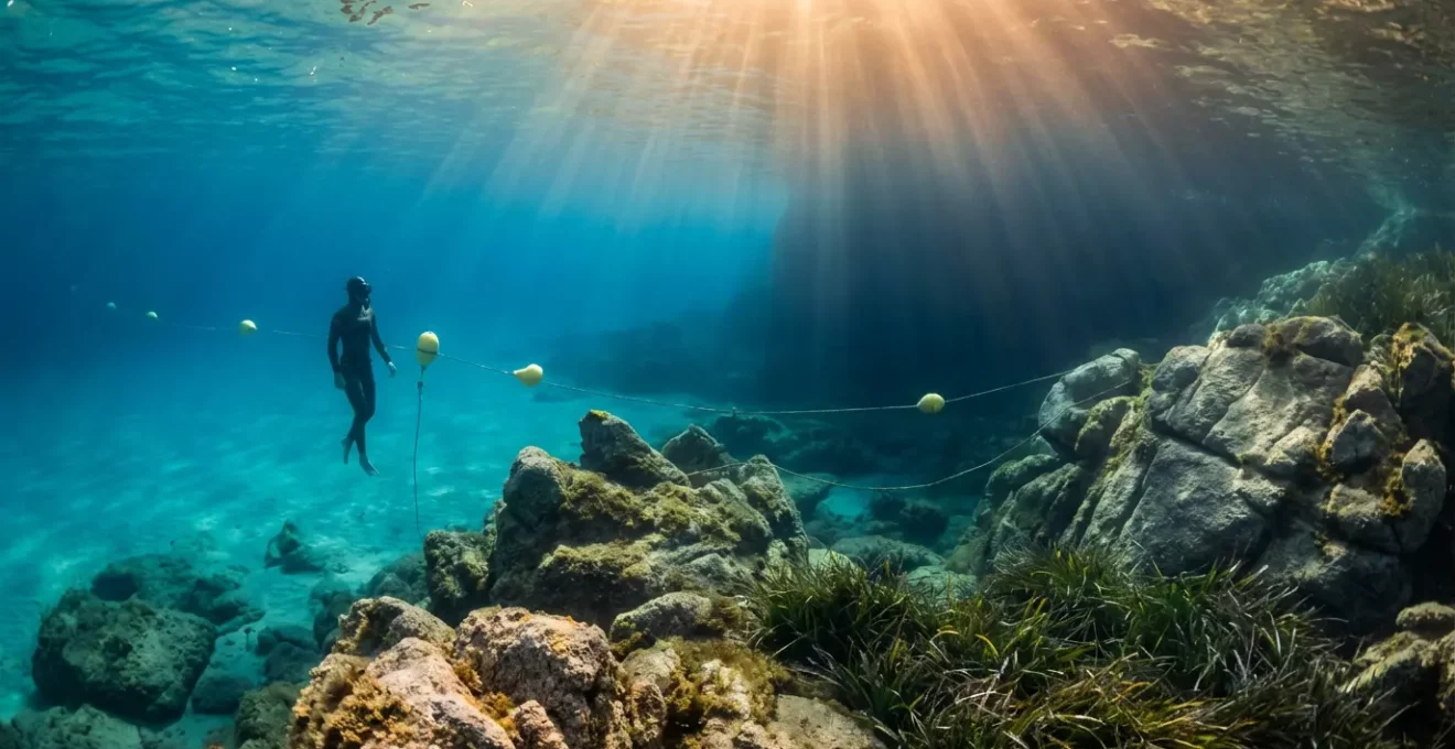 Plongeur en apnée observant la signalisation d'une zone de réserve naturelle en Corse avec les eaux turquoise en arrière-plan