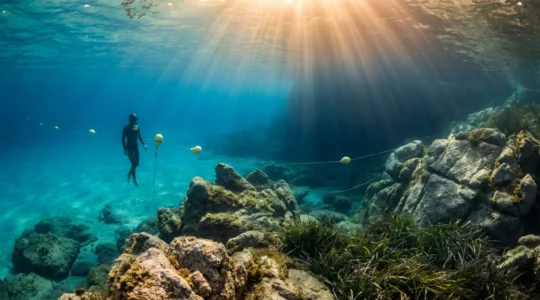 Plongeur en apnée observant la signalisation d'une zone de réserve naturelle en Corse avec les eaux turquoise en arrière-plan