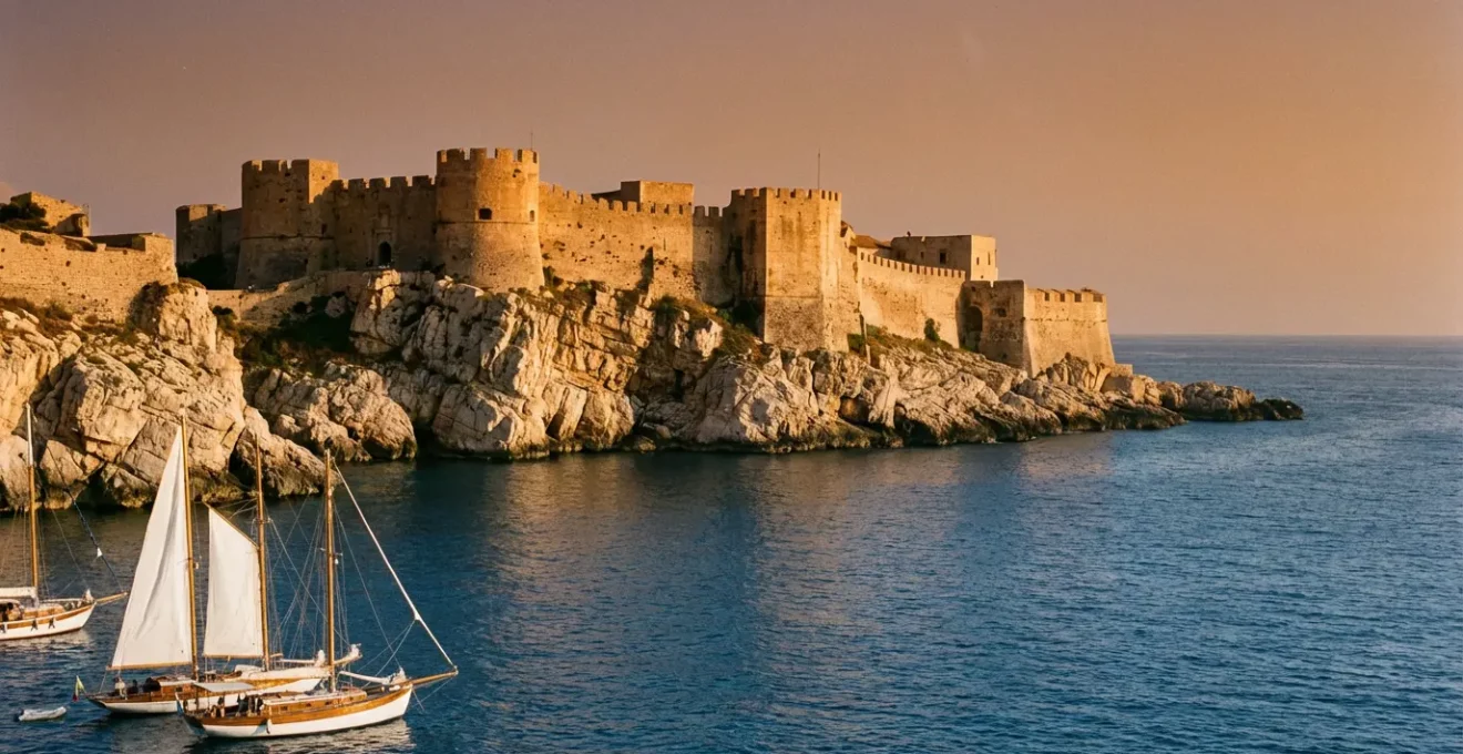 Vue maritime d'une citadelle génoise perchée sur des falaises calcaires au coucher du soleil, avec des voiliers au premier plan