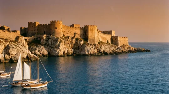 Vue maritime d'une citadelle génoise perchée sur des falaises calcaires au coucher du soleil, avec des voiliers au premier plan