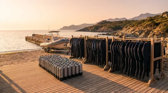 Vue d'un centre de plongée en Corse avec équipement de qualité professionnelle et bateau prêt au départ