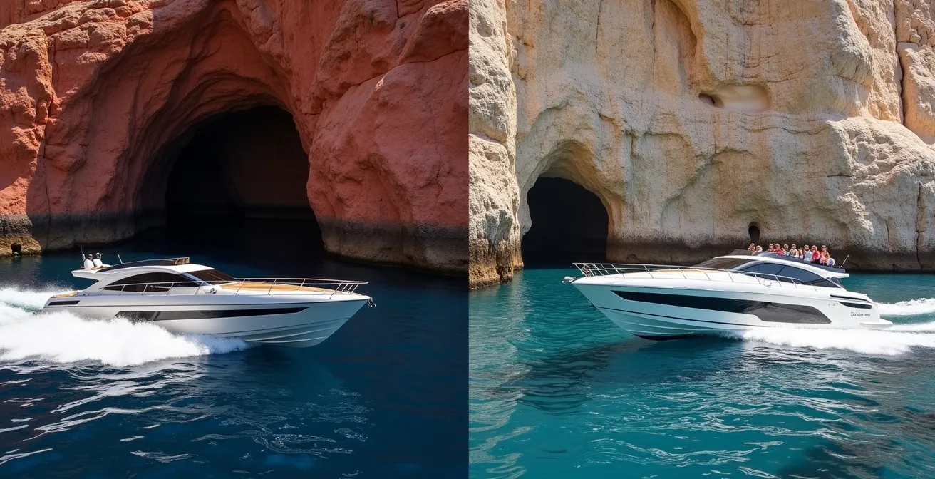 Comparaison visuelle entre un bateau hybride spacieux et un semi-rigide agile naviguant près des grottes de Scandola
