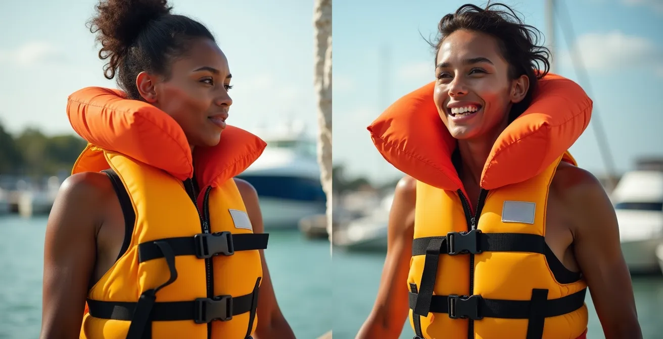 Comparaison visuelle entre un gilet mousse et un gilet autogonflant portés par un plaisancier