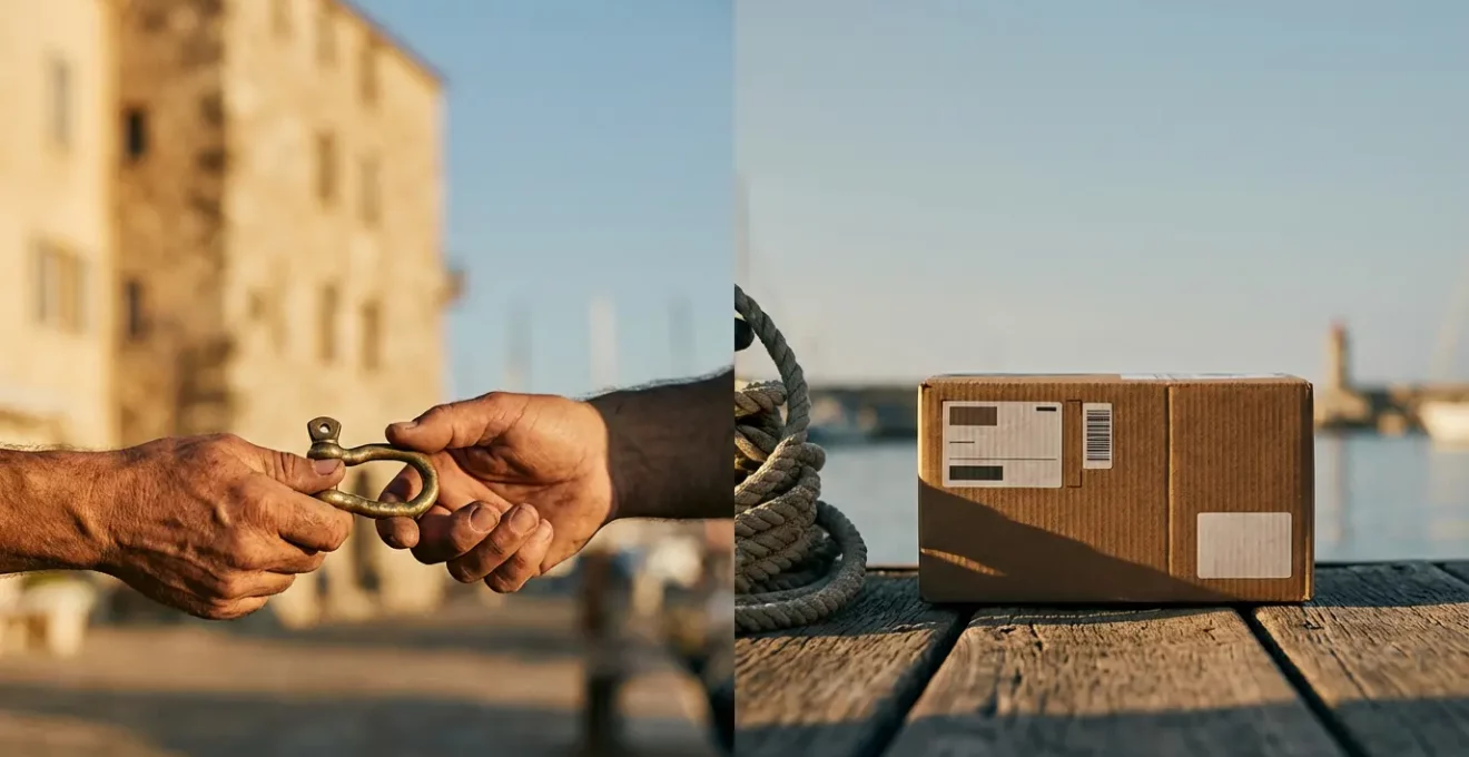 Comparaison visuelle entre achat local et livraison en ligne pour l'équipement nautique en Corse