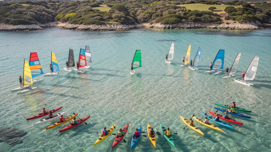 Vue aérienne comparative de différentes activités nautiques pratiquées par des adolescents en Corse