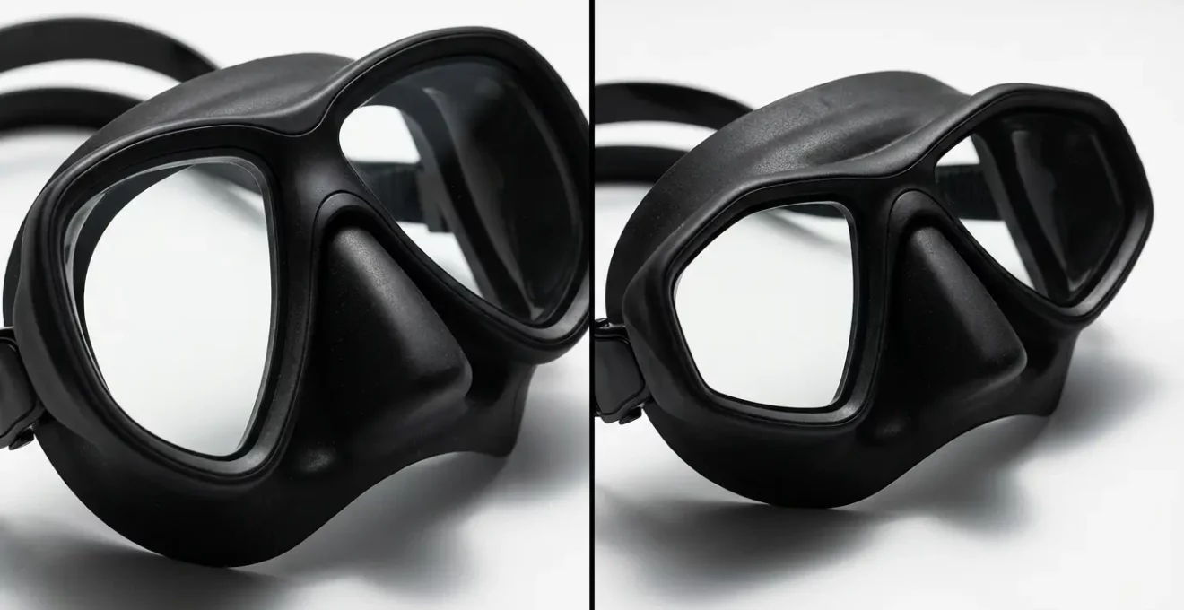 Comparaison visuelle entre un masque grand volume et un masque petit volume pour l'apnée