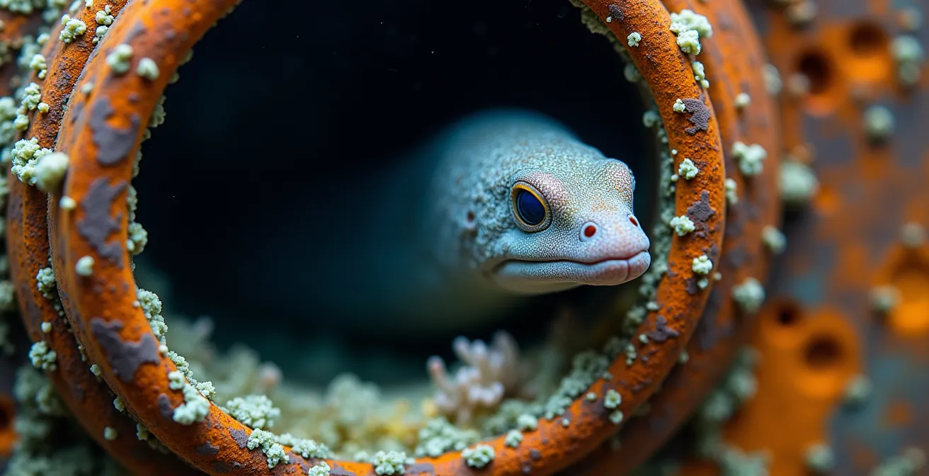 Gros plan macro sur un congre sortant d'une structure métallique colonisée par la vie marine