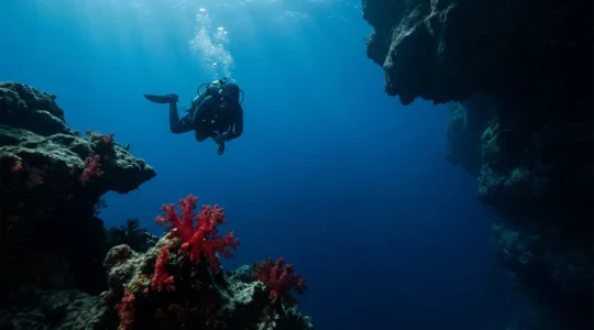 Plongeur observant une colonie de corail rouge dans les fonds marins de Corse