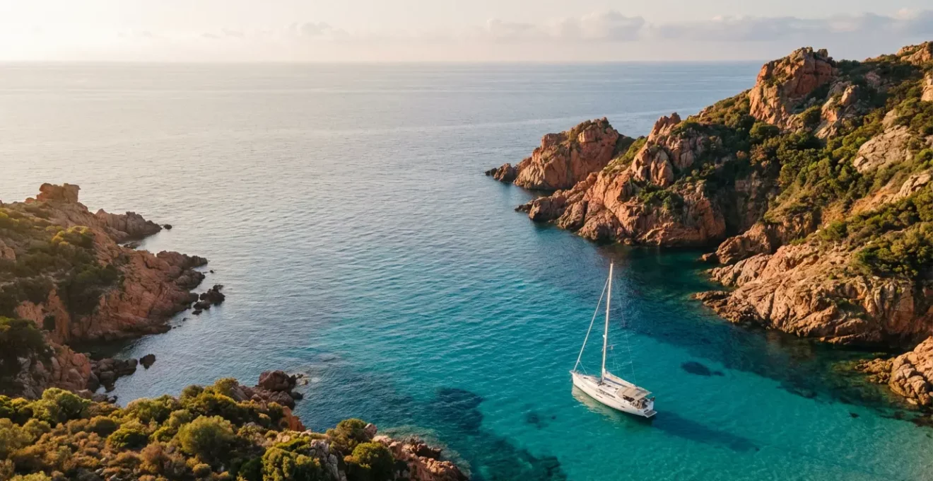 Vue aérienne d'une crique isolée en Corse avec un voilier au mouillage dans des eaux turquoise