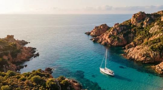 Vue aérienne d'une crique isolée en Corse avec un voilier au mouillage dans des eaux turquoise
