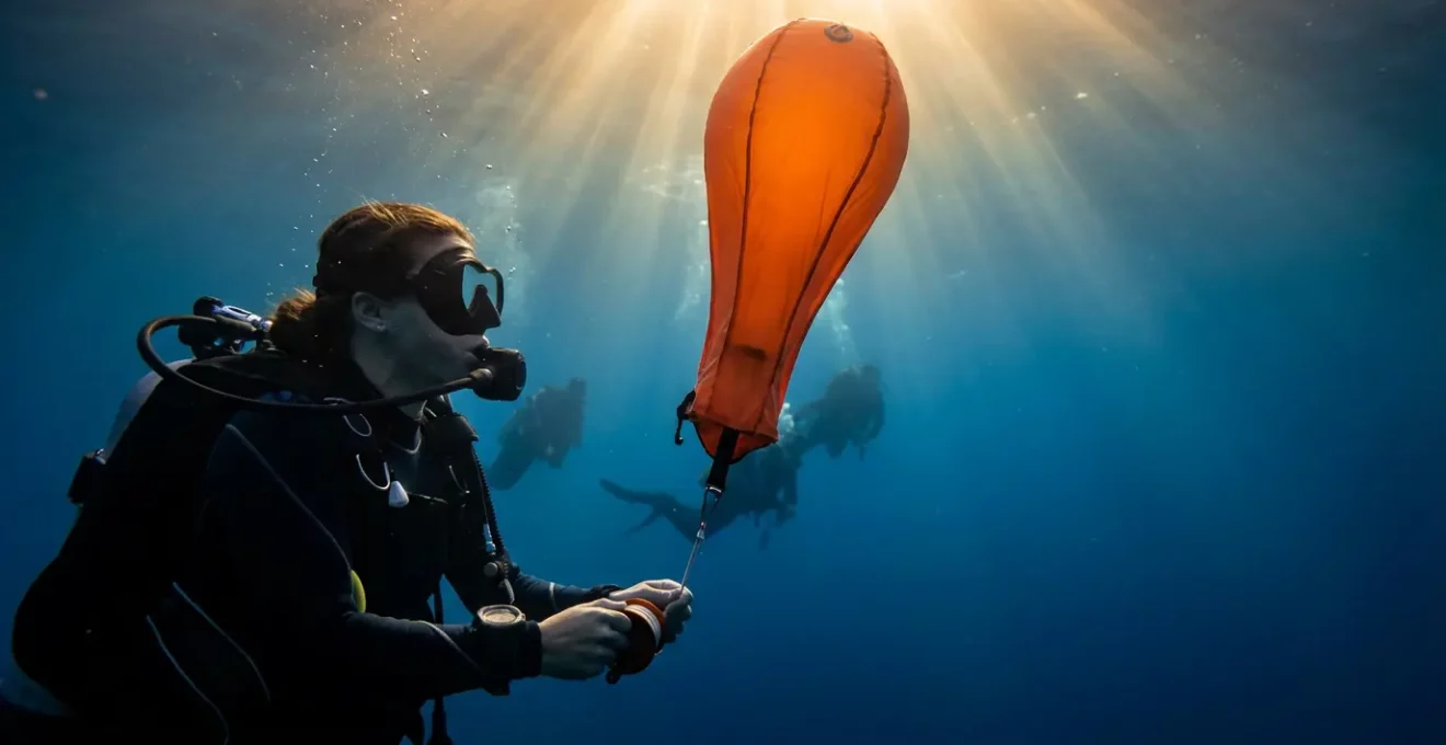 Plongeur déployant un parachute de palier orange à 10 mètres de profondeur avec rayons de soleil