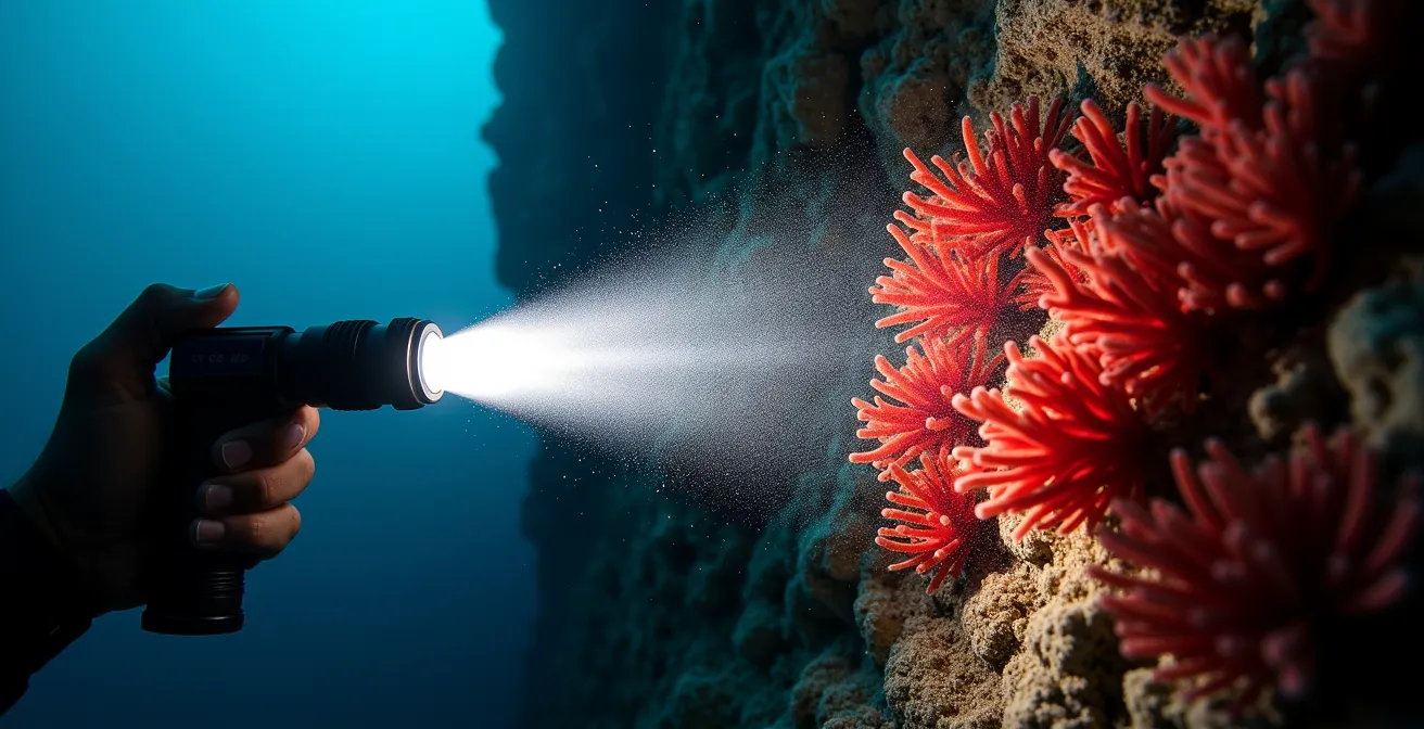 Faisceau de phare illuminant en angle rasant des gorgones rouges sur une paroi rocheuse, créant des ombres qui révèlent le relief.