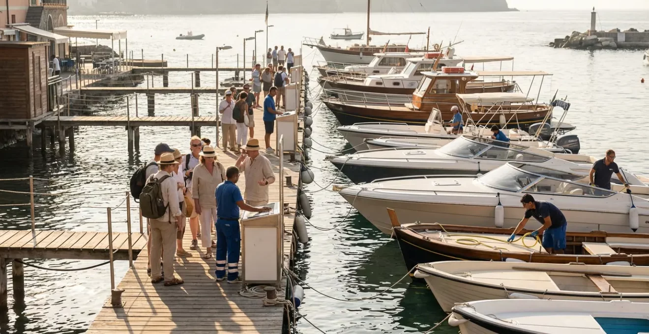 Embarcadère animé du port de Bonifacio au petit matin avec différents types de bateaux prêts pour les excursions aux Lavezzi