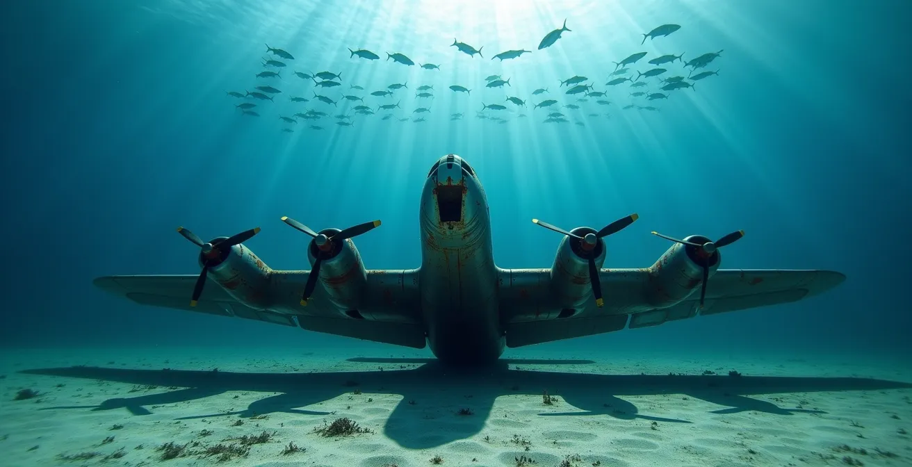 Épave du chasseur P-47 reposant sur fond sableux avec banc de barracudas au-dessus