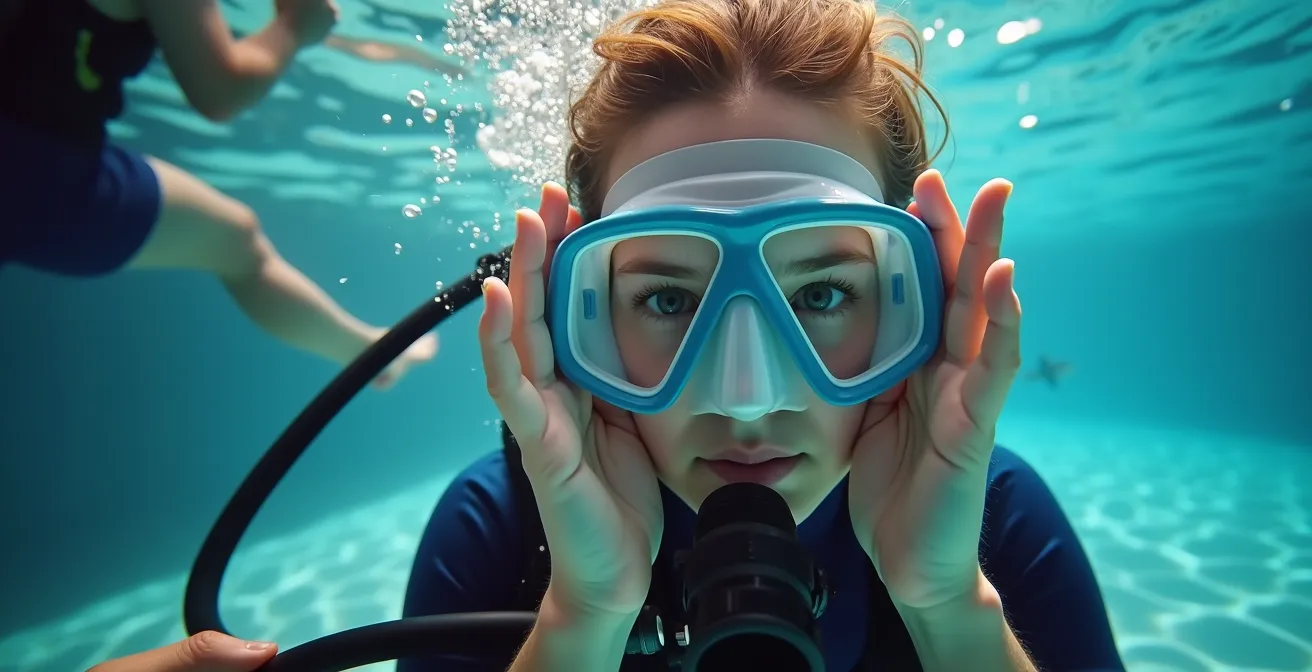 Plongeur débutant s'entraînant au vidage de masque en piscine avec moniteur