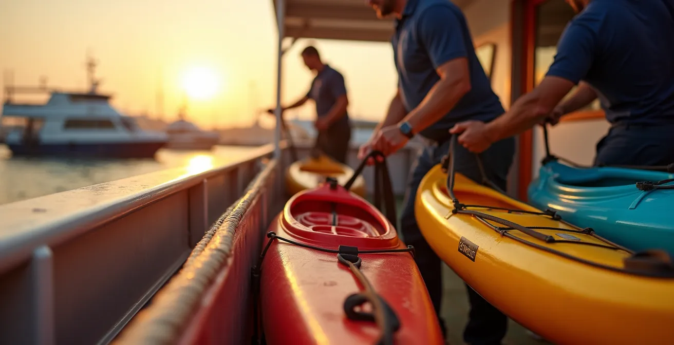 Vue latérale d'un ferry en cours de chargement avec des kayaks et équipements nautiques visibles sur le pont
