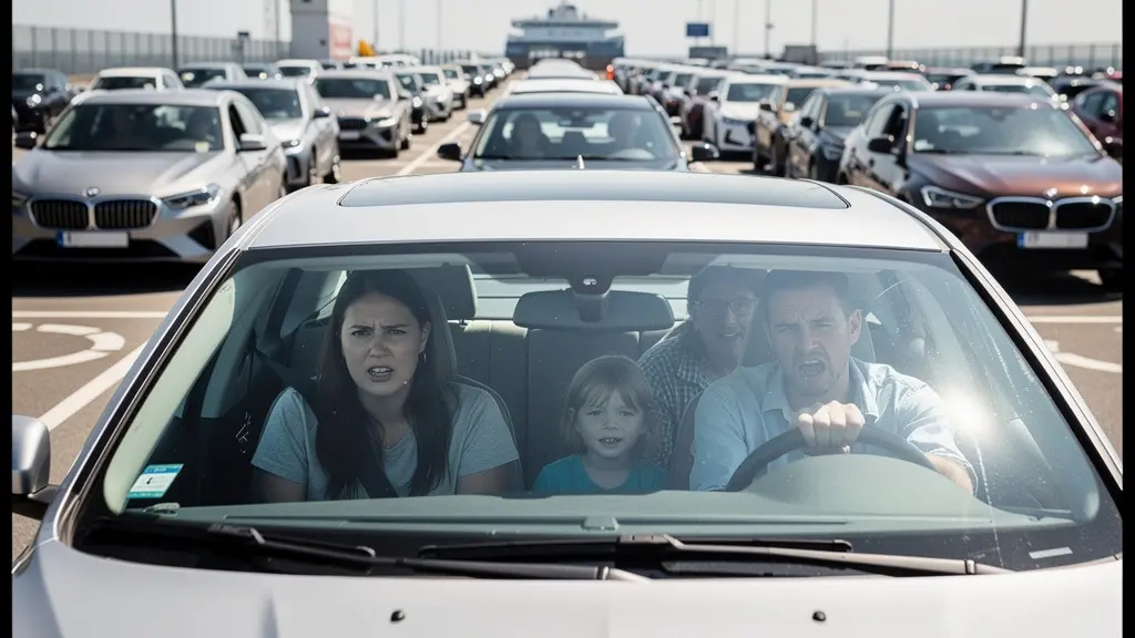 File de voitures attendant l'embarquement sur un parking portuaire en plein soleil
