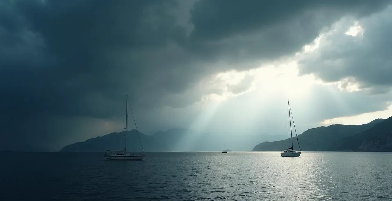 Formation orageuse au-dessus des montagnes corses vue depuis la mer