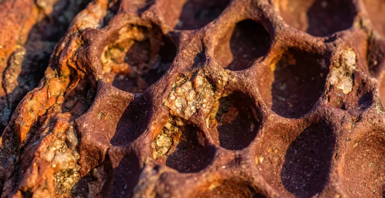Gros plan sur les formations rocheuses en porphyre rouge des Calanques de Piana montrant les taffoni