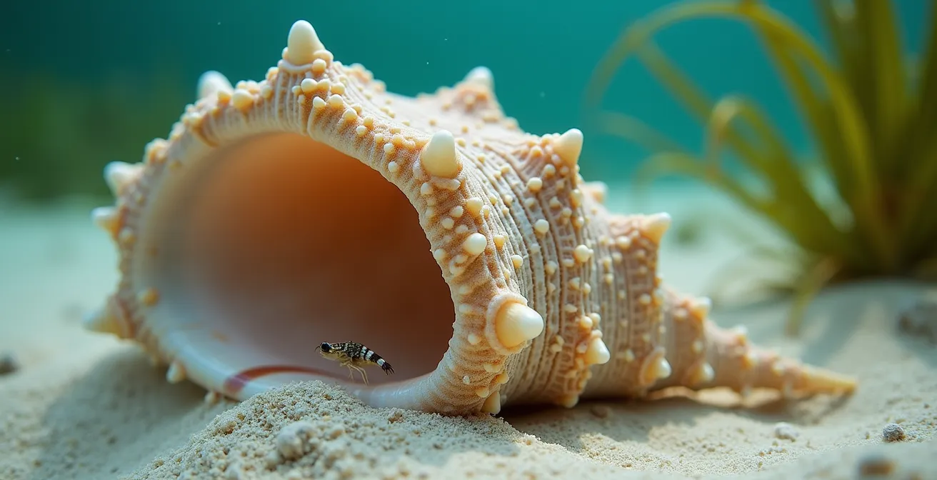 Grande nacre Pinna nobilis dans son habitat lagunaire avec détails de sa structure