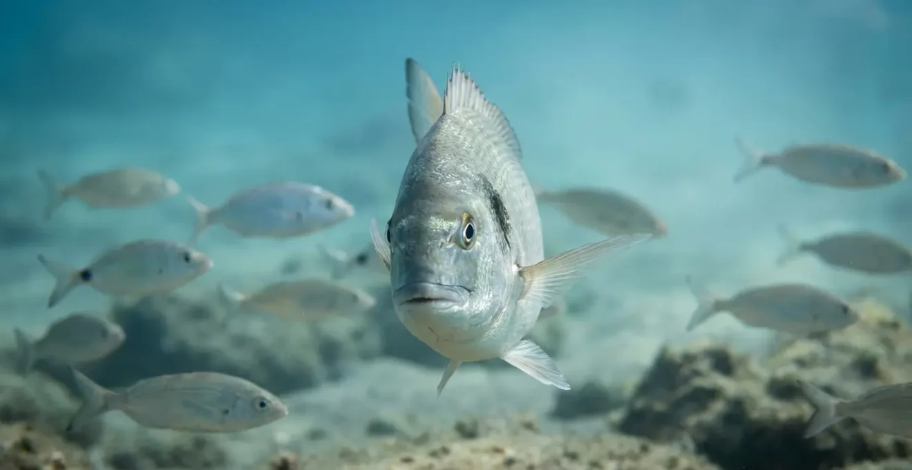 Un grand sar dominant au centre d'un banc, montrant des signaux de dominance.