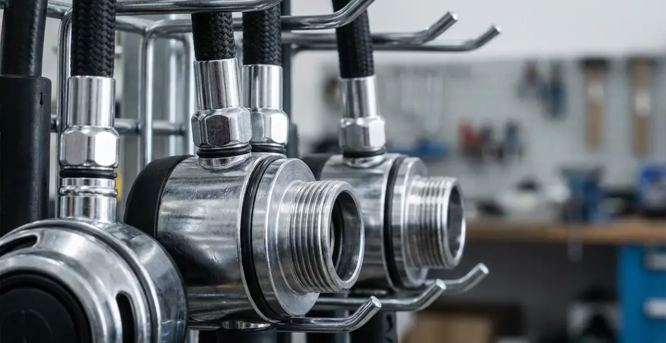 Gros plan sur des détendeurs de plongée professionnels suspendus correctement après maintenance