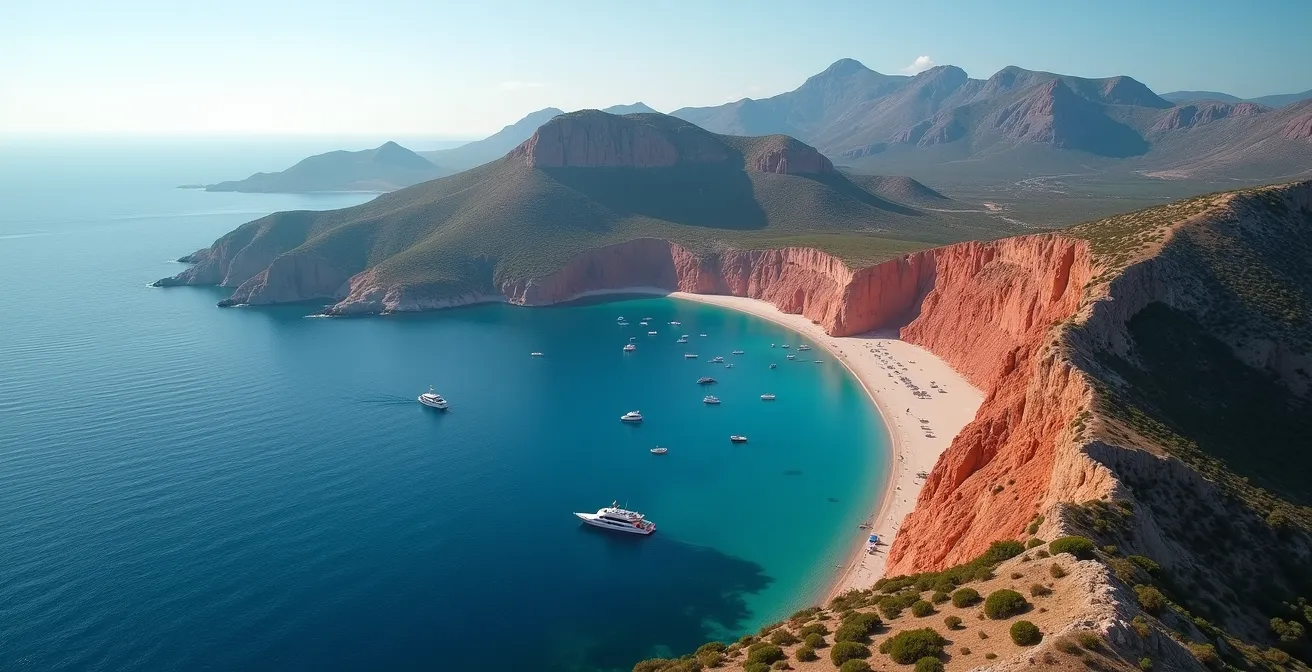 Vue aérienne montrant le parcours en bateau optimisé selon la course du soleil entre Porto, Scandola et les Calanques