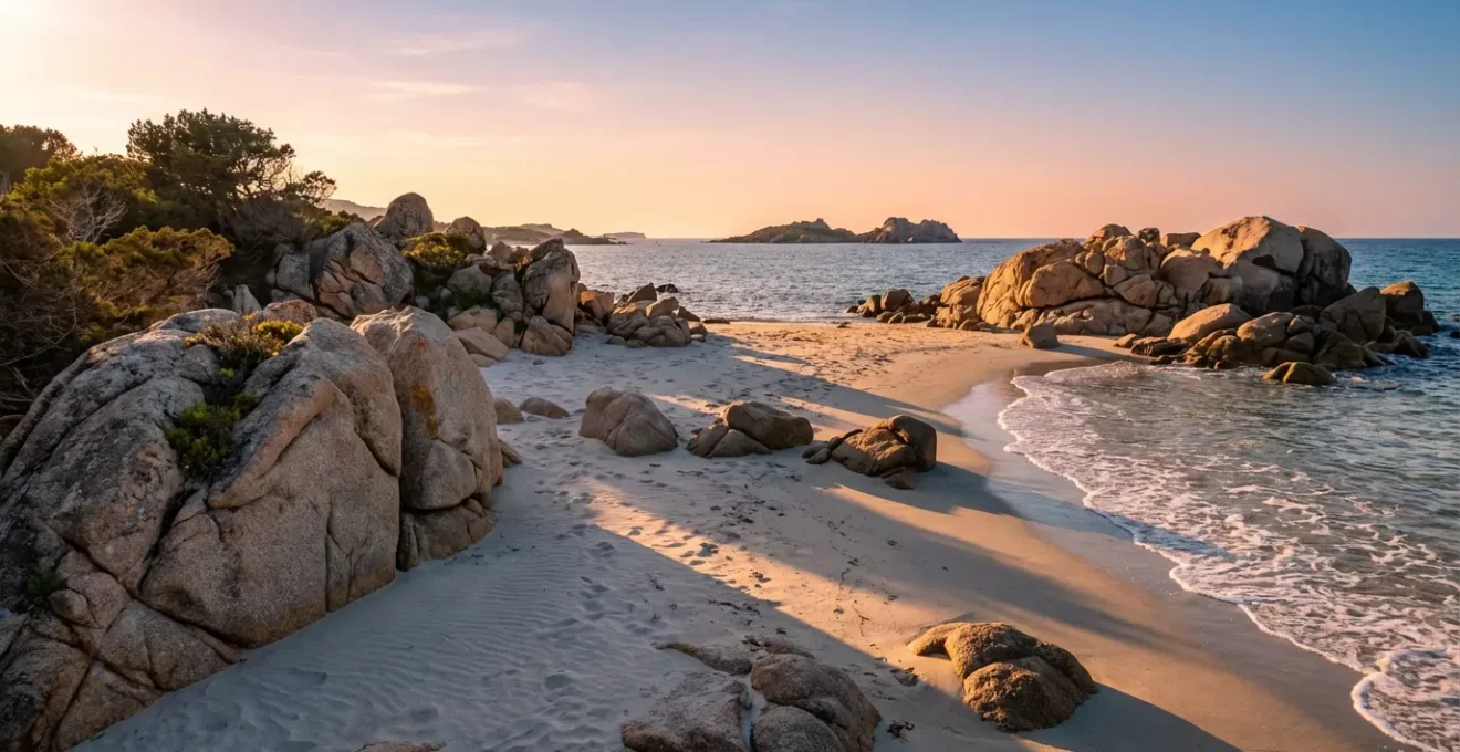 Plage déserte des îles Lavezzi au coucher de soleil avec lumière dorée