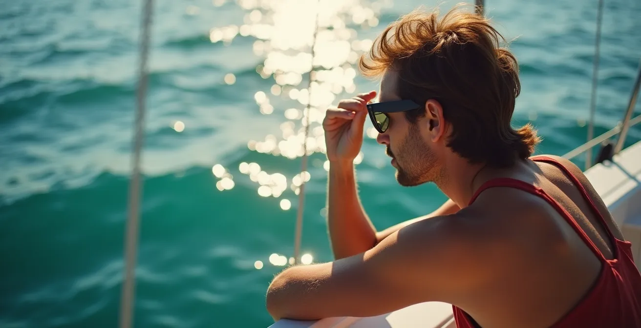 Plaisancier observant les fonds marins depuis son bateau avec des lunettes polarisantes