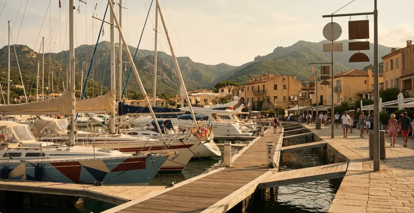 Vue panoramique d'une marina corse animée avec voiliers et yachts amarrés le long des quais en plein été