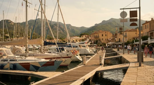 Vue panoramique d'une marina corse animée avec voiliers et yachts amarrés le long des quais en plein été