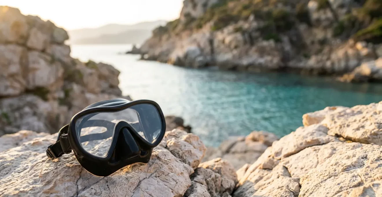 Masque de plongée posé sur des rochers méditerranéens avec vue sur une crique corse