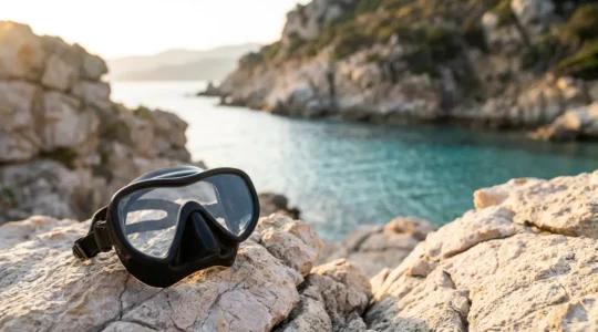 Masque de plongée posé sur des rochers méditerranéens avec vue sur une crique corse