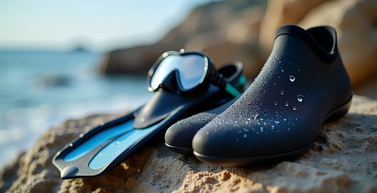 Équipement de snorkeling professionnel disposé sur des rochers au bord de mer